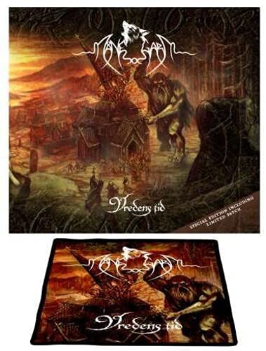 Dark fantasy album cover with a warrior figure and burning village.