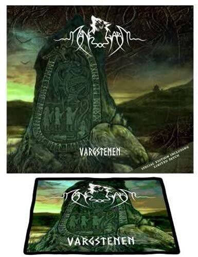 CD cover art: runestone with figures, wolf emblem, and landscape background.