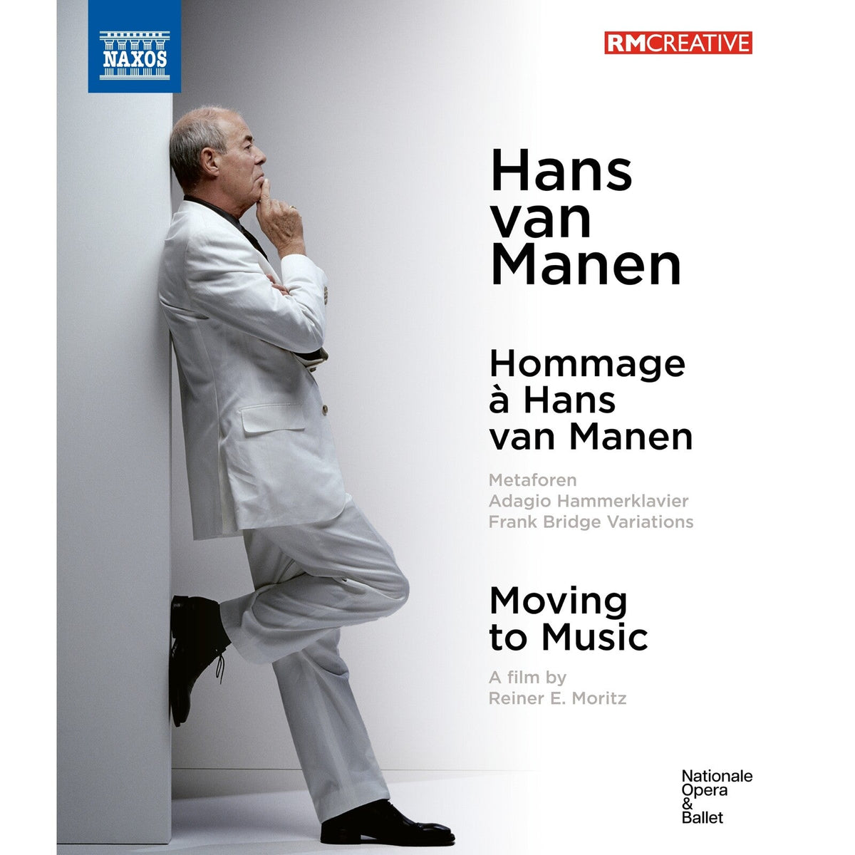 Blu-ray cover featuring Hans van Manen in a white suit, mid-stride.