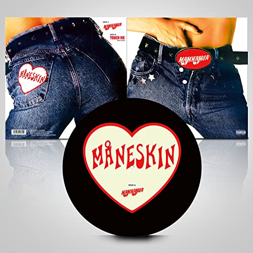 Måneskin “Mammamia” vinyl record with heart-shaped label and denim cover art.