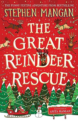 Red book cover with reindeer, Christmas trees, and Santa in a sleigh.