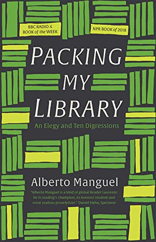 Book cover: "Packing My Library" by Alberto Manguel, green and white design.