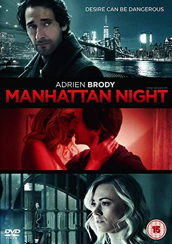 DVD cover for Manhattan Night featuring Adrien Brody, a city skyline, and intimate scenes.