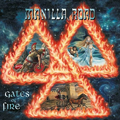 Album cover for Manilla Road’s “Gates of Fire” featuring fantasy battle scenes.