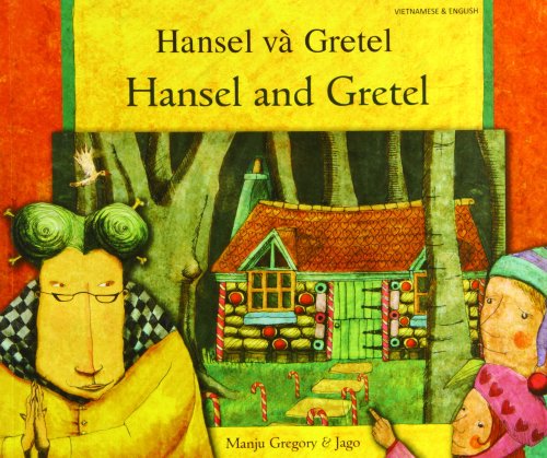 Hansel and Gretel" book cover, illustrated with a forest and gingerbread house.