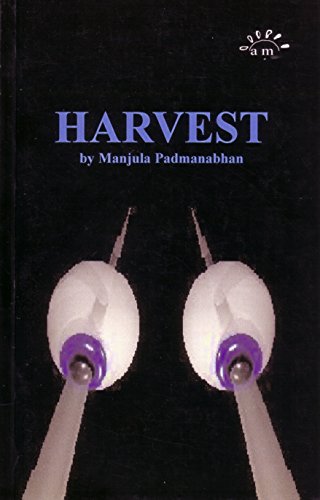 Book cover: "Harvest" by Manjula Padmanabhan, featuring two robotic arms holding seed pods.
