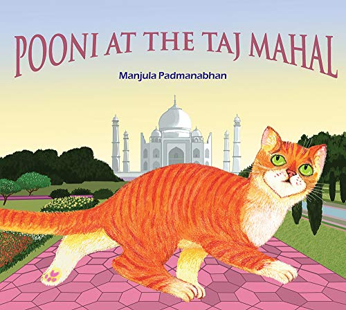 Orange tabby cat walking towards the Taj Mahal in illustration.