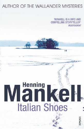 Book cover: snowy landscape with footprints, title "Italian Shoes" by Henning Mankell.