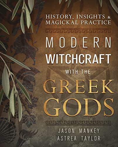 Book cover: "Modern Witchcraft with the Greek Gods" with olive branches.