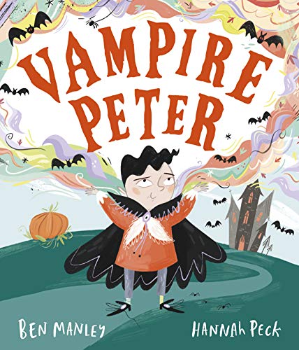 Illustration of a young vampire named Peter with a pumpkin and castle.