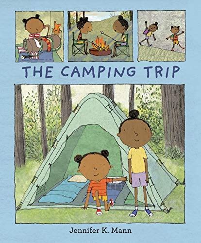 Book cover: children camping, with a green tent in a forest.