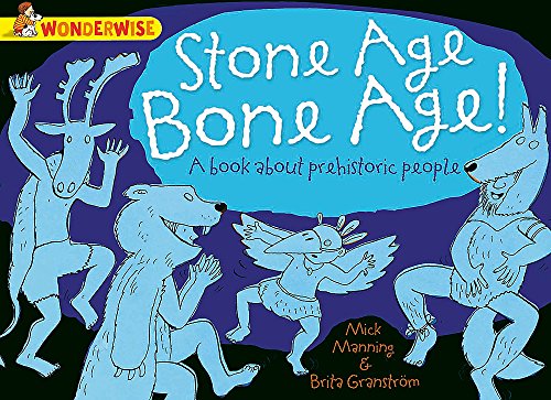 Book cover with cartoon prehistoric people and animals in blue tones.