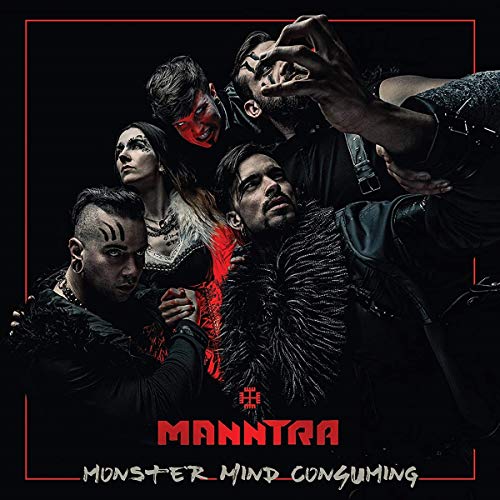 Four band members in dark, dramatic attire pose against a black background with red accents.