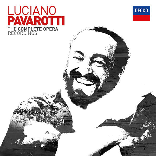 Luciano Pavarotti smiling portrait on a white and red album cover.