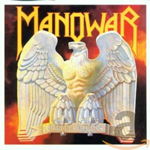 Manowar Battle Hymns album cover featuring a large white eagle against a fiery background.
