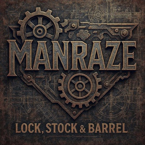 Album cover with metallic "MANRAZE" text and gears on a rusted industrial background.