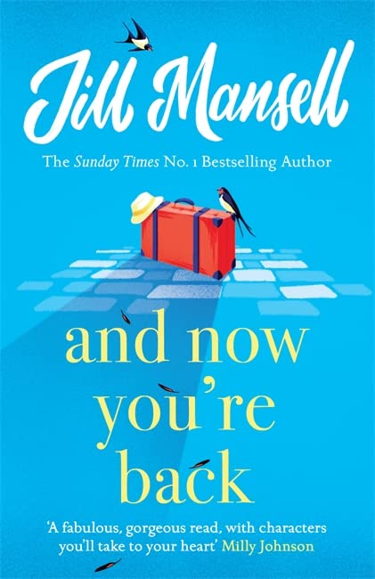 Book cover: blue background, red suitcase, birds, and white text.