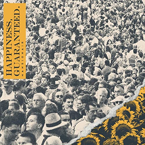 Black and white photo of a large crowd with a yellow sunflower corner overlay.