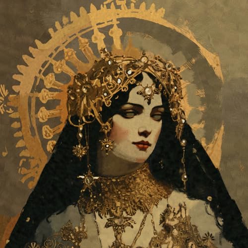 Painting of a woman with a golden crown and ornate jewelry.