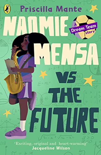 Book cover: girl with saxophone, soccer ball, and mathematical equations.