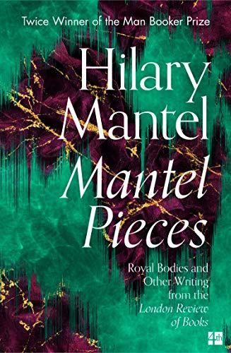 Book cover for “Mantel Pieces” by Hilary Mantel, teal and burgundy design.