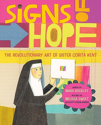 Book cover featuring colorful text, a nun, and illustrative artwork.