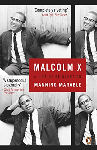 Book cover featuring a smiling Malcolm X in a suit, repeated in panels.