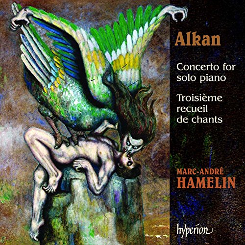 Alt text: "Colorful cover art of mythical creature carrying a person, titled 'Alkan: Concerto for solo piano.'"