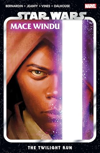 Close-up of Mace Windu with a purple lightsaber, comic book cover.