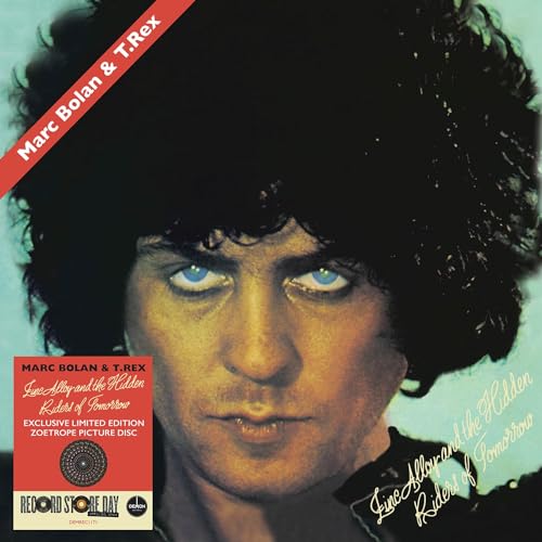 Close-up of Marc Bolan with dark hair and blue eyes on vinyl album cover.