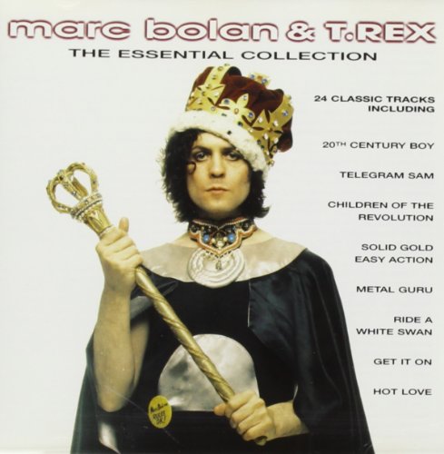 Marc Bolan in a crown and cape, holding a scepter, CD cover.