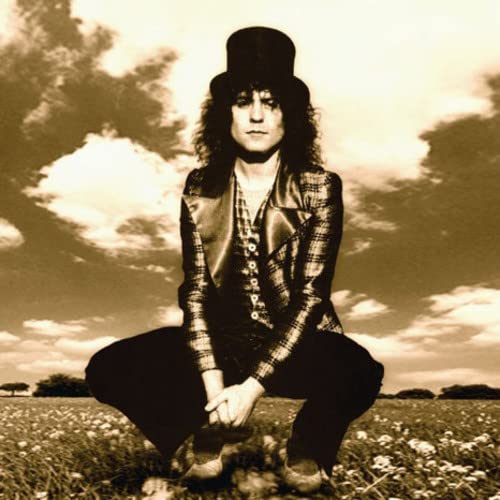 Marc Bolan in a top hat and patterned jacket, kneeling in a field.