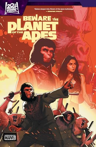 Comic book cover featuring apes and a woman against an orange background.