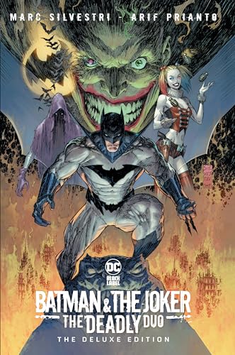 Batman, The Joker, and Harley Quinn on illustrated book cover.