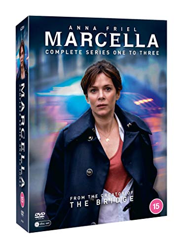 DVD box set for "Marcella" series 1-3, featuring a woman in a dark jacket.