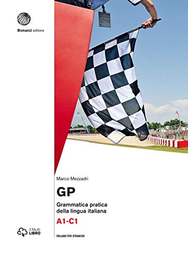 Italian grammar textbook cover with a checkered flag and racing background.