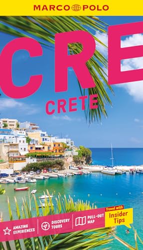 Crete travel guide cover with coastal town image and pink title text.
