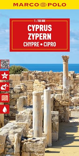 Red Cyprus map cover with ancient ruins in the background.