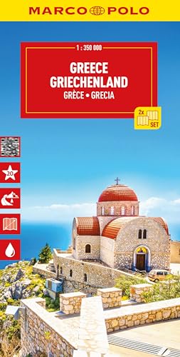 Marco Polo map cover for Greece featuring a stone church with a red dome.