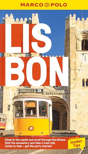 Lisbon travel guide cover with castle, tram, and large white text.