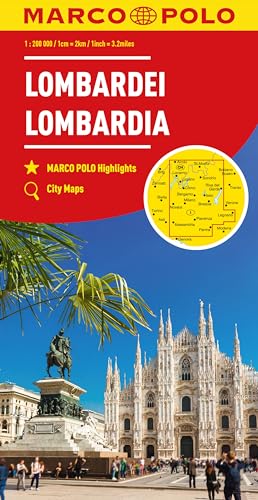 Marco Polo map cover of Lombardy featuring the Milan Cathedral and an equestrian statue.