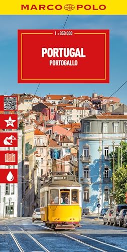 Red Portugal map cover with a Lisbon street scene and yellow tram.