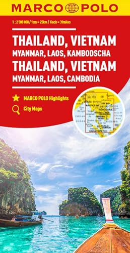 Red travel map cover featuring Southeast Asian countries and coastal scenery.