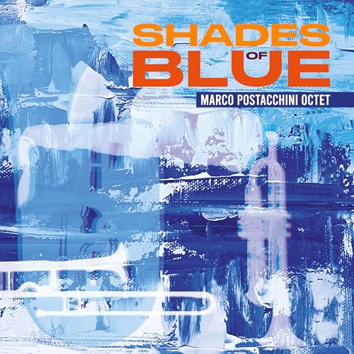 CD cover: abstract blue painting with brass instruments silhouettes.