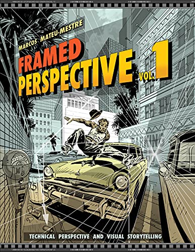 Book cover showing a man jumping over a car in a city perspective drawing.