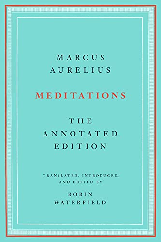 Book cover for "Meditations" by Marcus Aurelius, teal background.