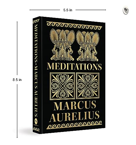 Black book cover with gold ornate designs and the title "Meditations" by Marcus Aurelius.