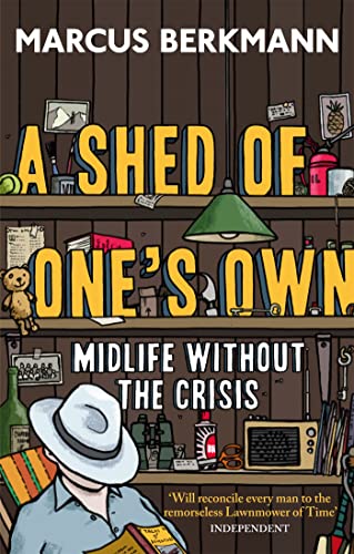 Book cover with illustrated shelves, tools, and a man reading.