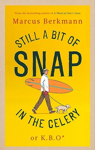 Book cover: man with surfboard and dog on yellow background.