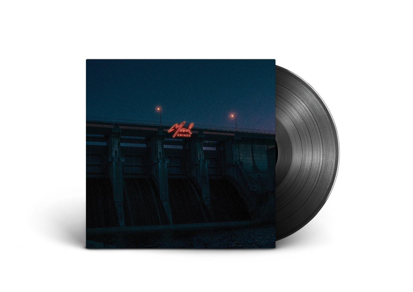 Marcus King’s “Mood Swings” vinyl record with a dark, neon-lit bridge cover.